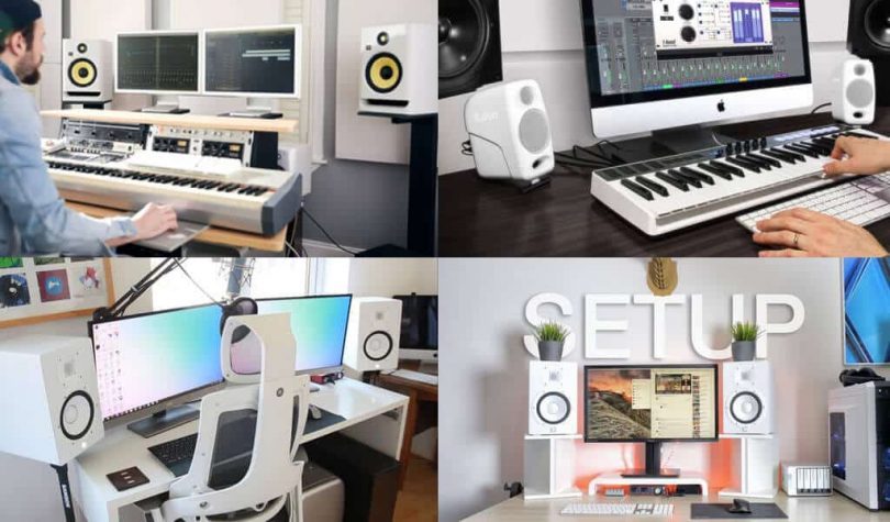 White ambient decoration ideas for home recording studio.
